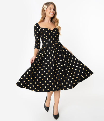 Unique Vintage Lamar Swing Dress Black & Gold polka Dot Unique Vintage Canada black flared dress with three quarter length sleeves and gold dot design retro vintage pinup rockabilly fashion flared dress Canadian Pin-Up Shop Suzie's Bombshell Boutique Port Dover