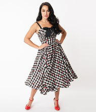 Unique Vintage Golightly Strawberry Gingham Swing Dress black and white check dress with fruit design removable straps and black bow on bust cheap pinup dress sale retro vintage 50s summer dress Canadian Pin-Up shop Suzie's Bombshell Boutique