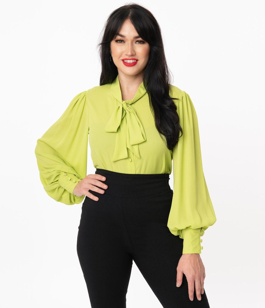 Unique Vintage Gwen blouse sheer green chartreuse top. retro vintage pinup pin-up shirt. Suzie's Bombshell Boutique