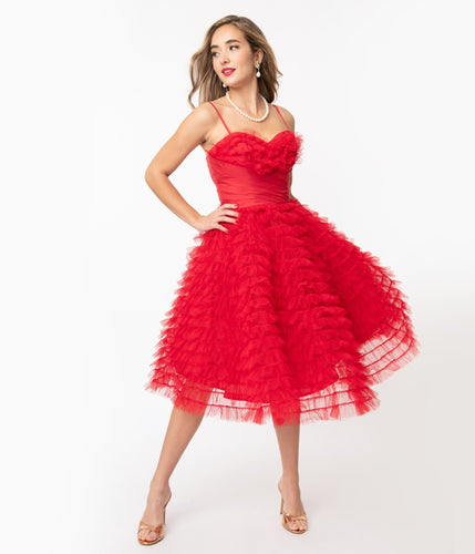 Unique Vintage Cupcake Red Tulle Swing Dress Unique Vintage Canada fluffy red 1950s style prom dress bridesmaid dress ruffled retro vintage pinup flared dress Canadian Pin-Up Shop Suzie's Bombshell Boutique
