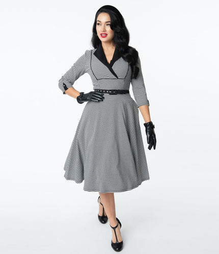 Unique Vintage Trudy Houndstooth Swing Dress 1940s 40s 1950s 50s style retro vintage pinup dress in black and white check with three quarter length sleeves Canadian Pin-Up Shop Suzie's Bombshell Boutique