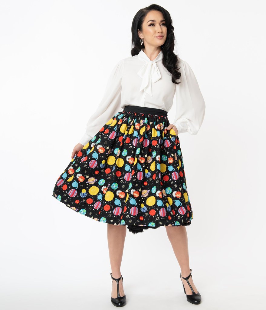 Unique Vintage Planets Swing Skirt Miss Frizzle retro vintage altfashion pinup 50s swing skirt gathered retro vintage skirt Canadian Pin-Up Shop Suzie's Bombshell Boutique