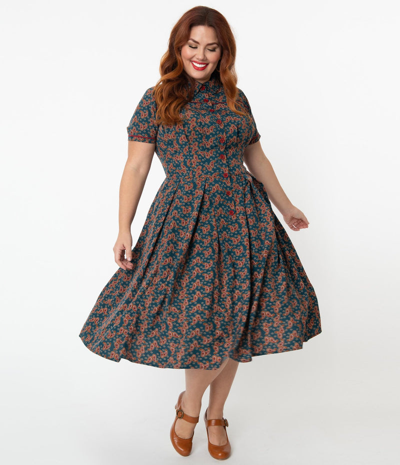 Unique Vintage Springfield Paisley Teal Swing Dress