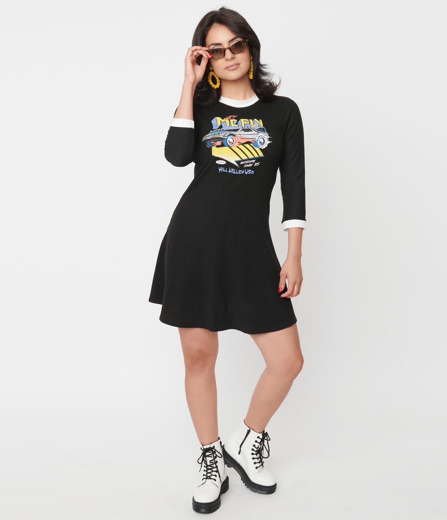 Unique Vintage Back To The Future McFly Skater Dress 80s movie nostalgia tee shirt dress in black with Delorean print on chest altfashion minidress pinup Canadian Pin-Up Shop Suzie's Bombshell Boutique