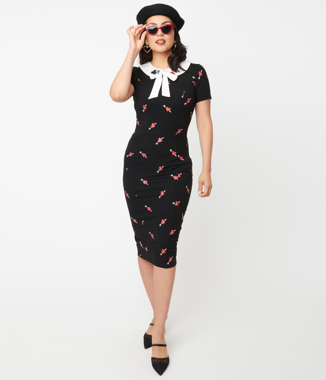 Unique Vintage Renata Black & Pierced Heart Pencil Dress retro vintage pinup 40s 50s wiggle dress in valentines theme heart print with peter pan collar Canadian Pin-Up Shop Suzie's Bombshell Boutique