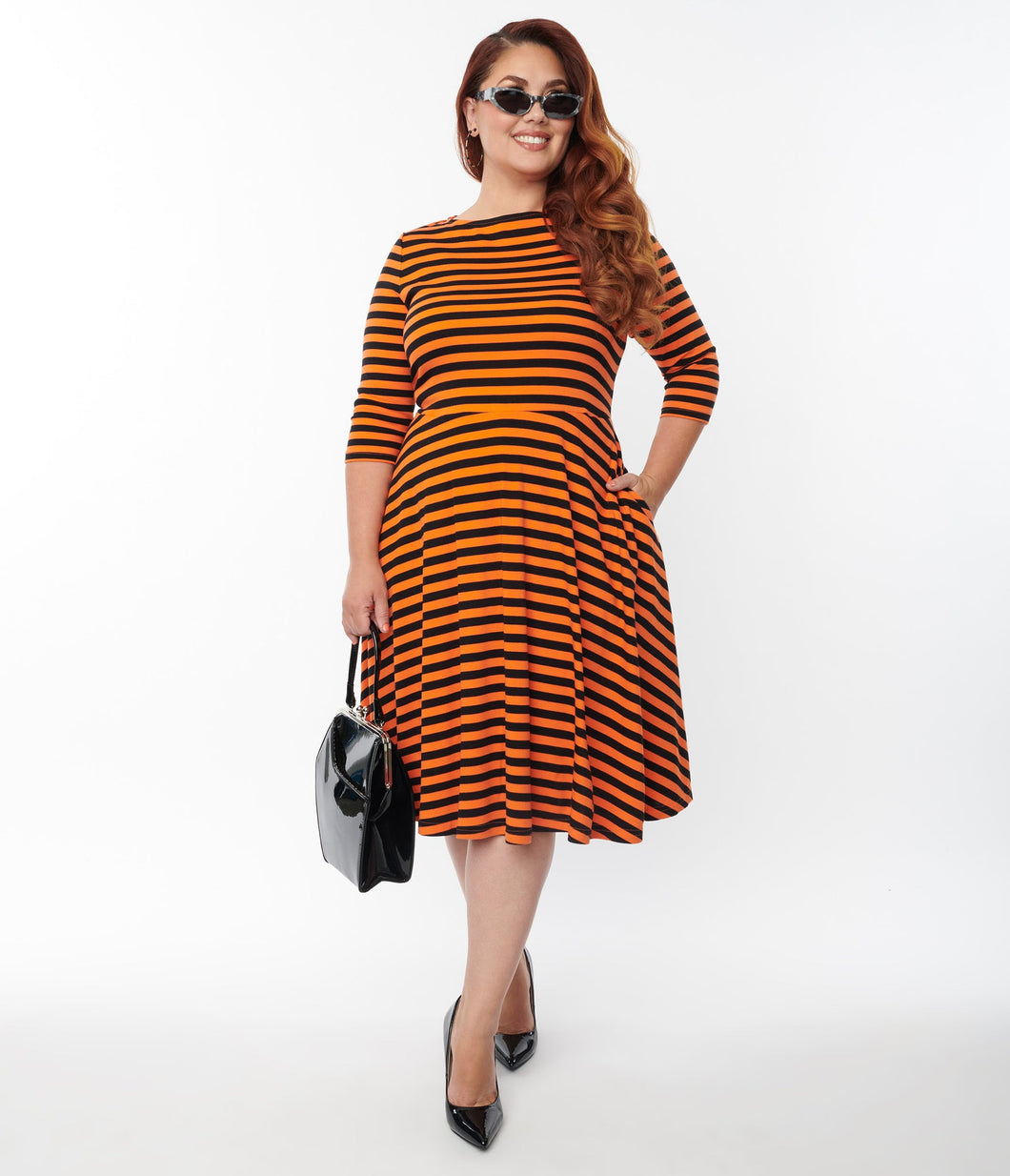Unique Vintage Nicole Swing Dress - Black & Orange Stripe Suzie's Bombshell Boutique Unique Vintage Nicole Swing Dress - Black & Orange Stripe Suzie's Bombshell Boutique