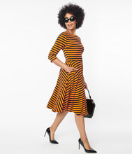 Unique Vintage Nicole Swing Dress - Black & Orange Stripe
