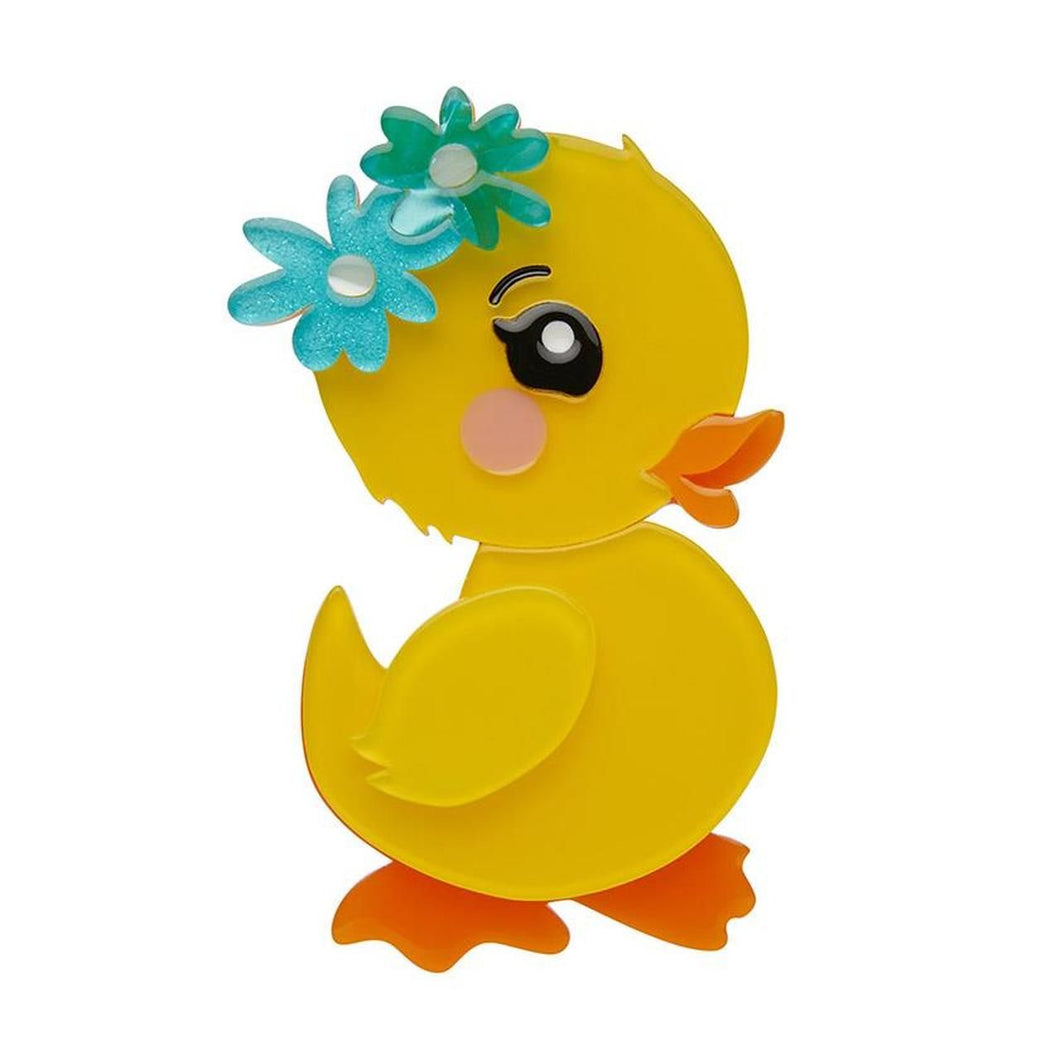 Erstwilder Waddlesworth Jr. Brooch Erstwilder Canada cute spring pin of yellow chick duckling with turquoise flowers on head retro vintage pinup acrylic jewellery Canadian Pin-up Shop Suzie's Bombshell Boutique Port Dover