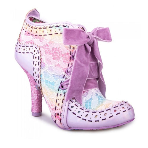 Irregular Choice Abigail's 3rd Party Shoes Pink Pastel Rainbow lace pattern Irregular Choice Canada shoe bootie with pink velvet tie and glitter pink heels retro vintage pinup altfashion rockabilly quirky footwear Canadian Pin-Up Shop Suzie's Bombshell Boutique Port Dover