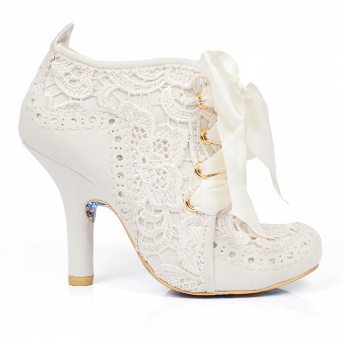 Irregular Choice Abigail's Party Shoes Cream off white wedding shoes bridal footwear for bride Irregular Choice Canada white lace up shoe bootie with lace detail and cream ribbon retro vintage pinup cute footwear for women Canadian Pin-Up Shop Suzie's Bombshell Boutique