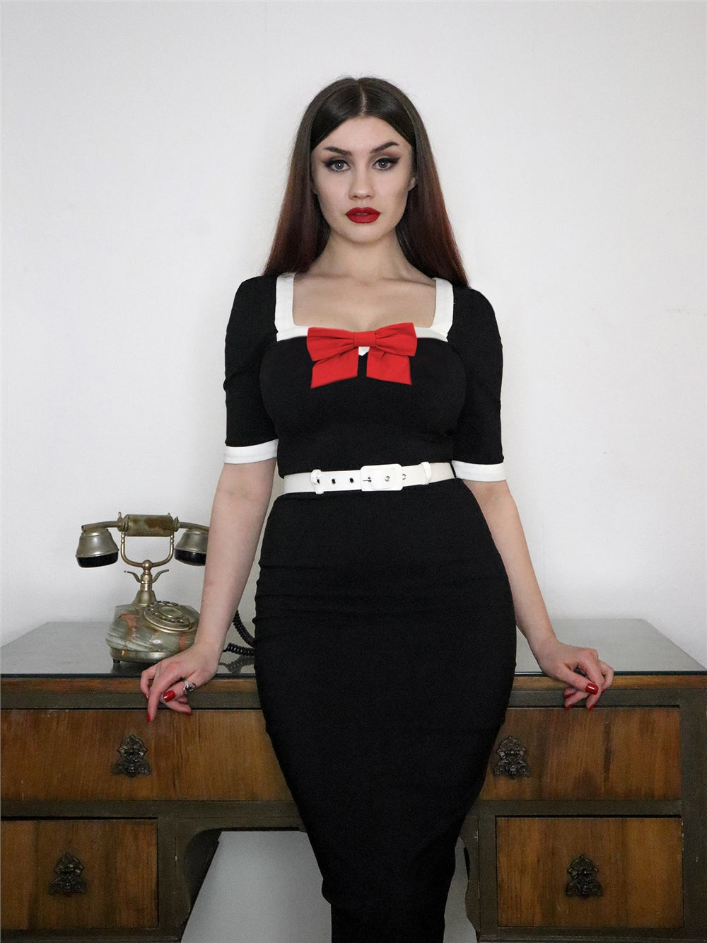 Collectif Sadie 50s Pencil Dress black sexy secretary retro vintage 40s 1950s pinup wiggle dress with detachable red bow and white trim and belt Canadian Pin-Up Shop Suzie's Bombshell Boutique