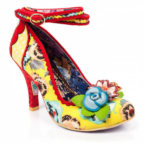 Irregular Choice Day Dreamer Shoes Yellow Floral Irregular Choice Canada yellow fabric upper with blue and tan flowers and red trim with ankle strap and leather cut out flowers on toe retro vintage pinup funky footwear for women Canadian Pin-Up Shop Suzie's Bombshell Boutique Port Dover