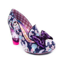 Irregular Choice Oz Shoes Blue Purple Irregular Choice Canada women's shoes blue with pink and white cat in rocket ship pattern purple toe bow and lucite heels in pink retro vintage pinup quirky altfashion rockabilly footwear Canadian Pin-Up Shop Suzie's Bombshell Boutique Port Dover