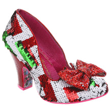 Irregular Choice Nick of Time Shoes in Red & White  & green sequins sparkle glitter with red sparkly bow on toe retro vintage unique footwear for christmas pinup shoes Canadian Pinup Shop Suzie's Bombshell Boutique