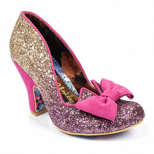 Irregular Choice Nick of Time Shoes Irregular Choice Canada sparkly pink and gold heels with fushia toe bow and cerise heel retro vintage pinup 40s 50s footwear for women Canadian Pin-Up Shop Suzie's Bombshell Boutique Port Dover