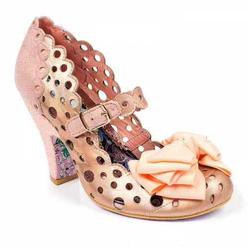 Irregular Choice Upside Down Shoes Irregular Choice Canada peach blush coloured leather heels with maryjane strap and fabric toe bow retro vintage pinup 40s 50s footwear for women Canadian Pin-Up Shop Suzie's Bombshell Boutique Port Dover