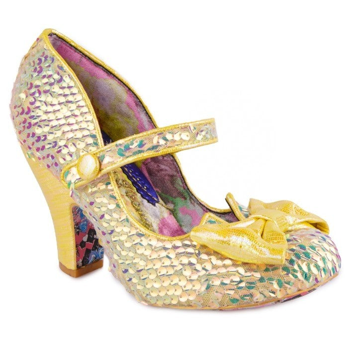 Irregular Choice Fancy That Shoes in Yellow sequins Irregular Choice Canada sparkly lemon ladies heels with maryjane style ankle strap and yellow glitter bow on toe retro vintage altfashion pinup rockabilly shoes for women Canadian Pin-Up Shop Suzie's Bombshell Boutique 
