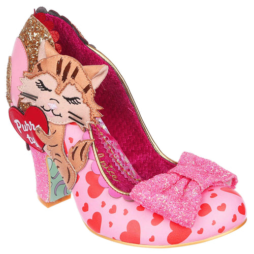 Irregular Choice Smitten Kitten Shoes Pink and red with cats and hearts glitter bow and sparkly pink heels quirky funky shoes for women pinup retro vintage alt fashion Canadian Pinup Shop Suzie's Bombshell Boutique