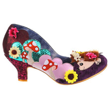 Irregular Choice Hedgerow Happiness Shoes Irregular Choice Canada quirky funky shoes with woodland creatures hedgehog and mushrooms toadstool sunflowers retro vintage altfashion rockabilly pinup heels for women Canadian Pin-Up Shop Suzie's Bombshell Boutique