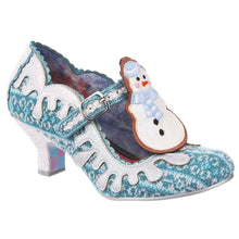 Irregular Choice Frosty Friends Shoes Blue and white and silver Christmas heels for women argyle sweater design with frosty the snowman retro vintage pinup altfashion quirky shoes glitter heels Canadian Pin-Up Shop Suzie's Bombshell Boutique