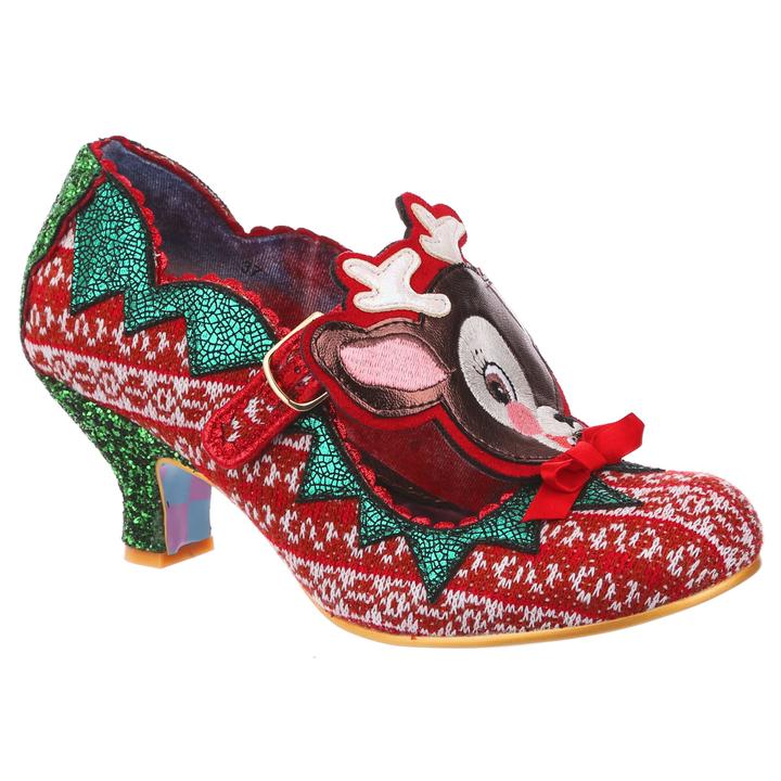Irregular Choice Reindeer Games Shoes Christmas glitter sparkle Rudolph Bambi heels for women retro vintage altfashion pinup shoes in red and green with argyle sweater design Canadian Pin-Up Shop Suzie's Bombshell Boutique