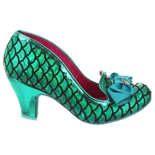 Irregular Choice Kanjanka Mermaid Green little mermaid green shiny ladies shoes with green toe bow funky quirky footwear retro vintage alt fashion 50s pinup girl shoes Canadian Pinup Shop Suzie's Bombshell Boutique