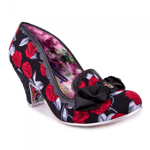 Irregular Choice Kanjanka Shoes Irregular Choice Canada black shoes with red roses and black bow on toe and sparkly glitter heels in black retro vintage quirky altfashion pinup footwear for women Canadian Pin-Up Shop Suzie's Bombshell Boutique