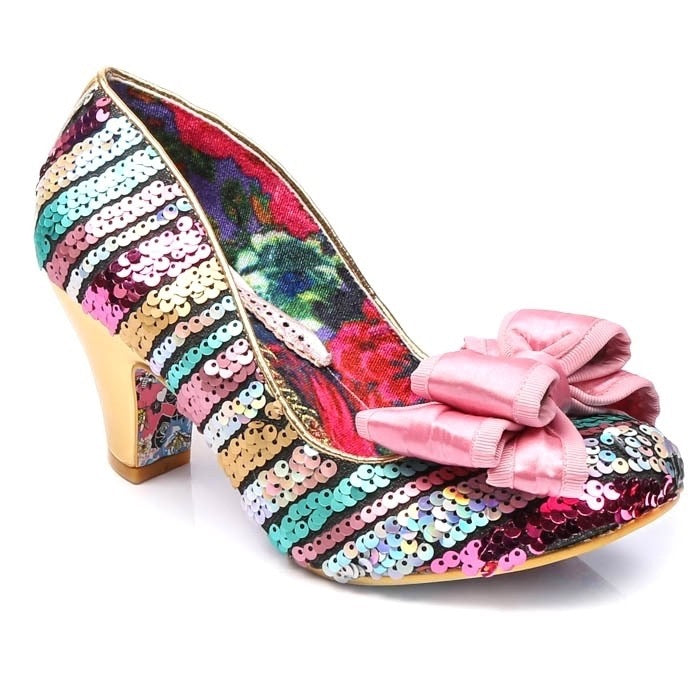 Irregular Choice Lady Ban Joe Shoes Multi coloured Irregular Choice Canada ladies shoes with gold heel and sparkly sequined upper in turquoise pink gold with pink bow on toe retro vintage pinup altfashion rockabilly wedding shoes footwear for women Canadian Pin-Up Shop Suzie's Bombshell Boutique Port Dover