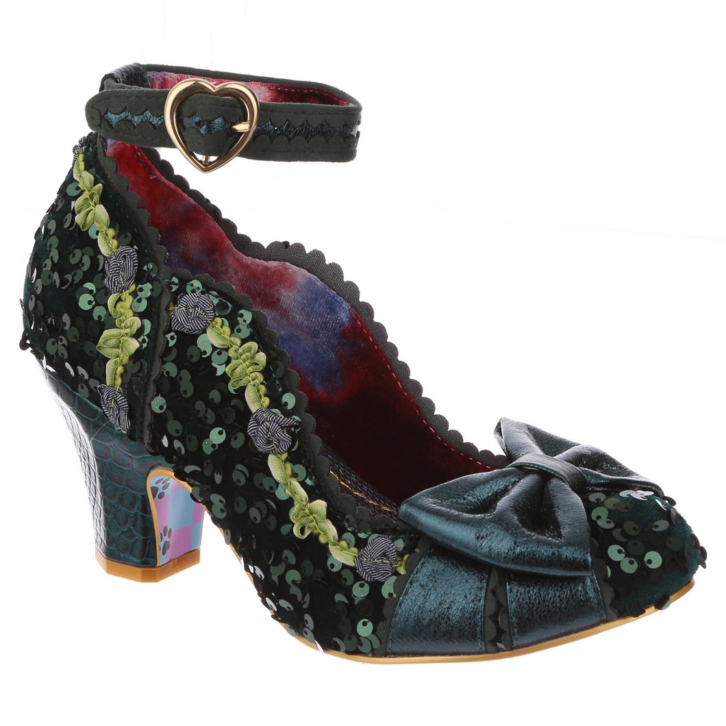 Irregular Choice Trellis Shoes Green ladies sequined sparkle glitter green shoes with ankle strap and toe bow retro vintage altfashion pinup heels for women Canadian Pin-Up Shop Suzie's Bombshell Boutique