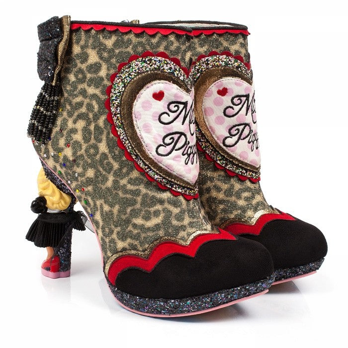 Irregular Choice Fierce Piggy Boots Irregular Choice Canada leopard print booties with Miss Piggy character heel and sparkly glitter bow funky footwear for women Canadian Pin-Up Shop Suzie's Bombshell Boutique Port Dover