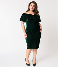 Unique Vintage Sophia Velvet Wiggle Dress Green Unique Vintage Canada sexy glamourous dark green stretch velvet pencil off the shoulder dress for christmas wedding formal event cocktail dress retro vintage pinup 40s 50s rockabilly fashion Canadian Pin-Up Shop Suzie's Bombshell Boutique Port Dover