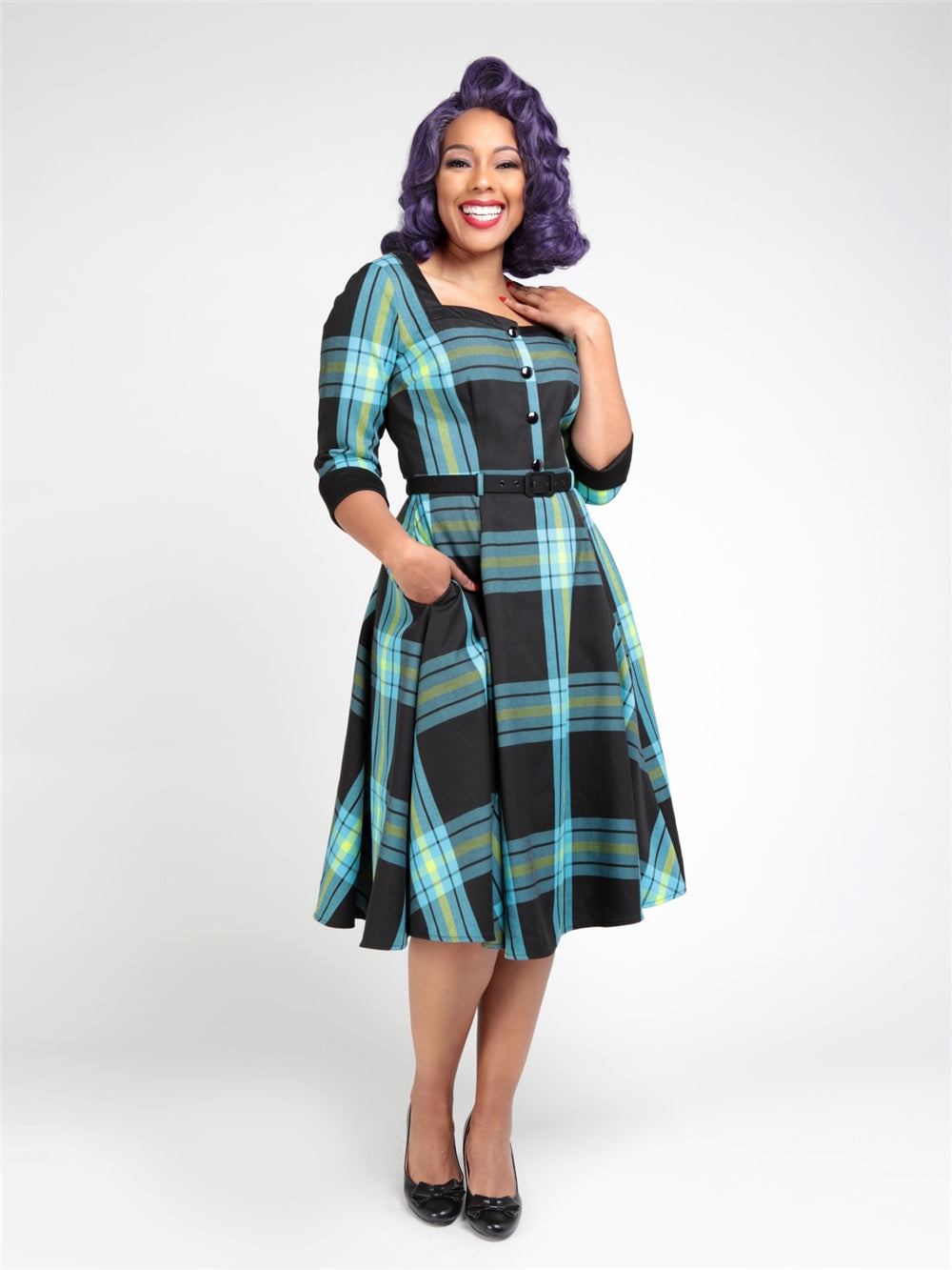 Collectif Linette Evening Check Swing Dress retro vintage 40s 50s tartan plaid pinup pin-up dress Suzie's Bombshell Boutique