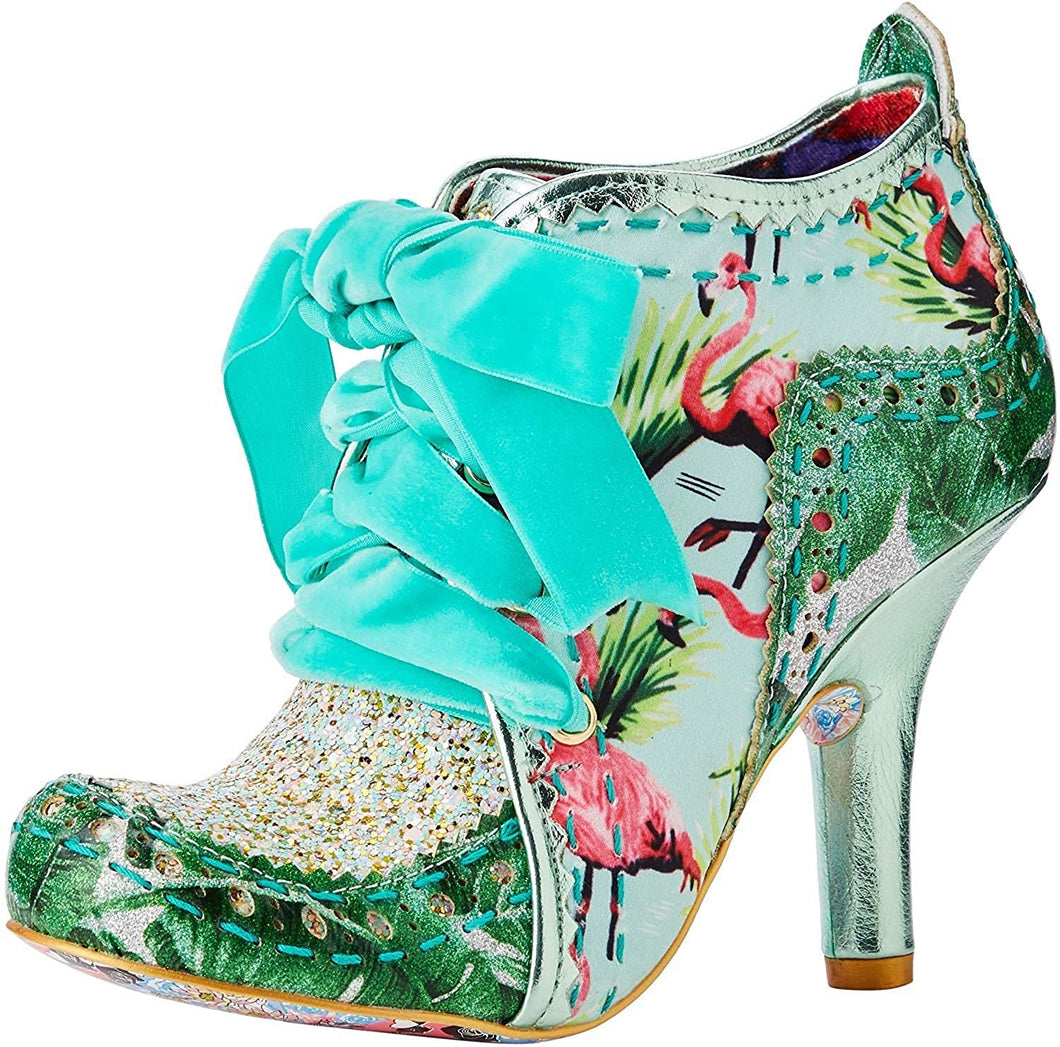 Irregular Choice Abigail's Party Shoes Green Irregular Choice Canada mint green shoe bootie with pink flamingoes and turquoise velvet tie ribbon quirky bride bridal cool wedding shoes funky footwear for women retro vintage pinup rockabilly altfashion Canadian Pin-Up Shop Suzie's Bombshell Boutique Port Dover