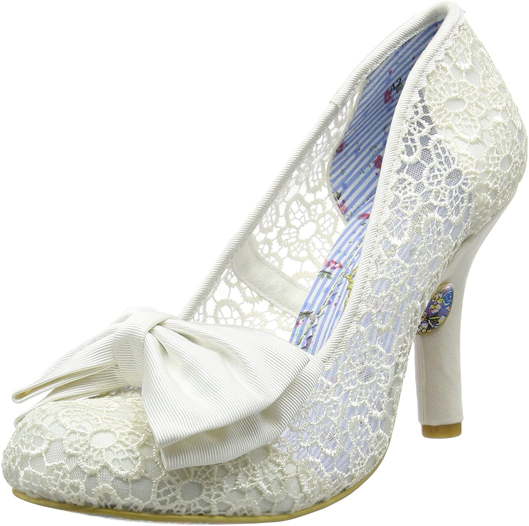 Irregular Choice Mal E Bow Shoes Cream Irregular Choice Canada white off white wedding shoes with lace detail and bow on toe pretty wedding shoes quirky bride bridal retro vintage 40s 50s pinup footwear high heels Canadian Pin-Up shop Suzie's Bombshell Boutique Port Dover