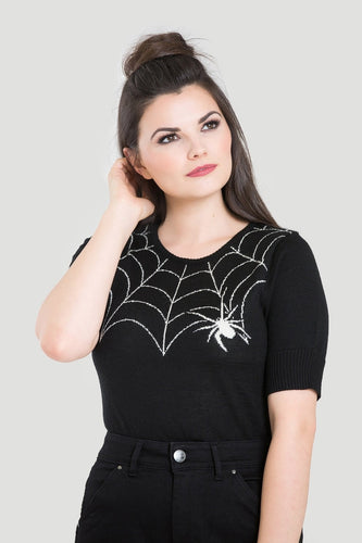 Hell Bunny Black Widow Sweater Hell Bunny Canada black jumper knit top with spideweb detail around neck short sleeves retro pinup spooky goth girl halloween fashion rockabilly style top Canadian Pin-Up Shop Suzie's Bombshell Boutique Port Dover