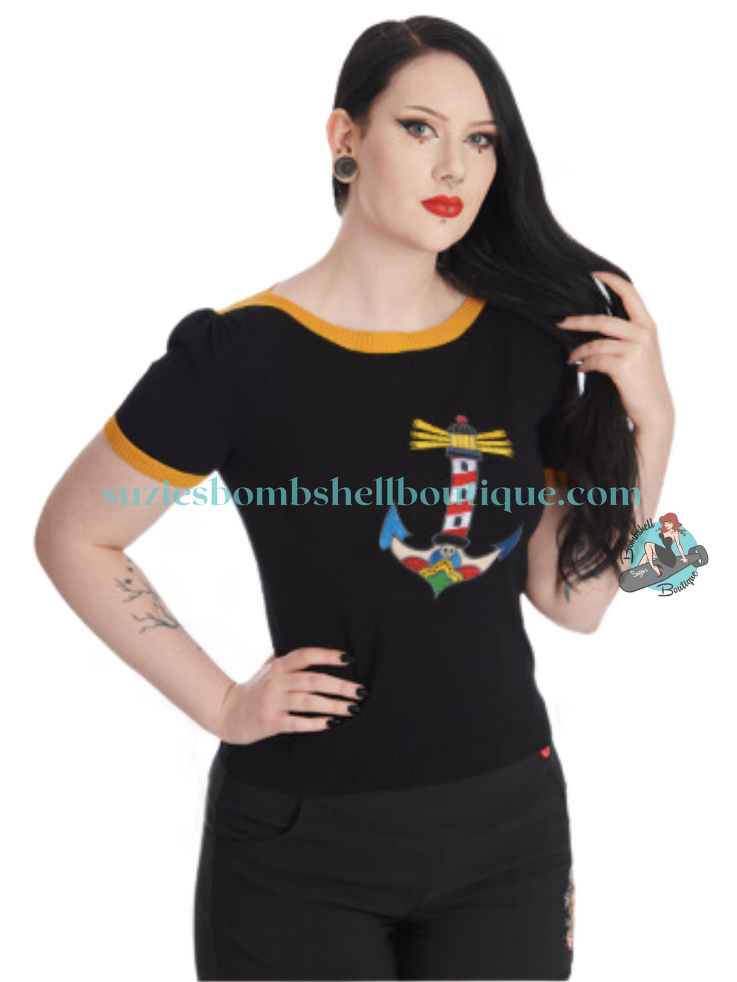 Banned Retro Sailing Sweetheart Sweater Banned Canada short sleeved black jumper top with anchor design pinup rockabilly retro vintage altfashion 50s 40s shirt Canadian Pin-Up Shop Suzie's Bombshell Boutique Port Dover