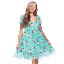Sourpuss Christmas Kitties Cream Puff Dress short chiffon minidress in turquoise with white vintage cats and ruffle at bottom retro vintage alt fashion rockabilly pinup dress Canadian Pin-Up Shop Suzie's Bombshell Boutique