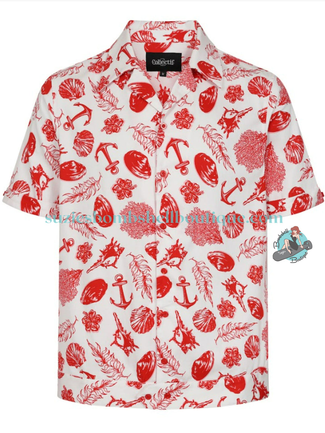 Collectif David Sea Shore Men's Shirt cotton button up shirt for men with white and red nautical print retro vintage bowling shirt cabana shirt menswear men men's retro vintage 50s shirt rockabilly tiki Canadian Pin-Up Shop Suzie's Bombshell Boutique