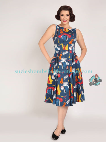 Collectif Frances Jazz Swing Dress in music notes print with upright bass piano singer retro vintage 40's 50's sundress for Suzie's Bombshell Boutique