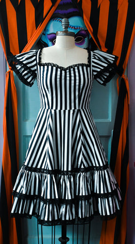 Wax Poetic Adelaide Dress Sandworm Stripes Beetlejuice black and white striped retro vintage 40s 50s patio dress gothic goth pinup pin-up Suzie's Bombshell Boutique