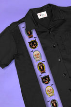 The Oblong Box Shop Halloween Treats Button Down Shirt TOBS Canada retro vintage spooky men's mens button up shirt bowling shirt workshirt in black with purple band with halloween cats and skulls design retro vintage spooky goth horror b movie clothing for men Canadian Pin-Up Shop Suzie's Bombshell Boutique Port Dover