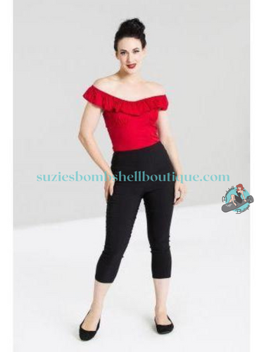 Hell Bunny Tina Capris Black Hell Bunny Canada black bengaline stretch ankle length ladies trousers with back zip classic capri pants retro vintage pinup rockabilly 50s cigarette pants trousers for women Canadian Pin-Up Shop Suzie's Bombshell Boutique Port Dover