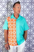 The Oblong Box Shop Men's Breeze Block Button Down Shirt in turquoise and white and orange mcm midcentury modern clothing for men retro vintage rockabilly greaser surfer bowling shirt pinup Canadian Pin-Up shop Suzie's Bombshell Boutique