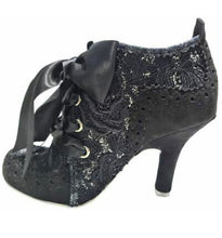 Irregular Choice Abigail's Party Shoes Black Irregular Choice Canada black shoe booties with black and silver lace detail and black tie ribbon heels for women goth bride retro vintage pinup goth rockabilly altfashion Canadian Pin-Up Shop Suzie's Bombshell Boutique Port Dover