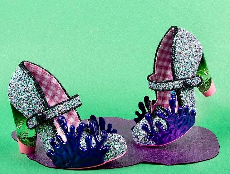 Irregular Choice Make a Splash Shoes Irregular Choice Canada multi-coloured glitter maryjane shoes with lucite heels in green and purple splash design retro vintage quirky pinup altfashion rockabilly Canadian Pin-Up Shop Suzie's Bombshell Boutique