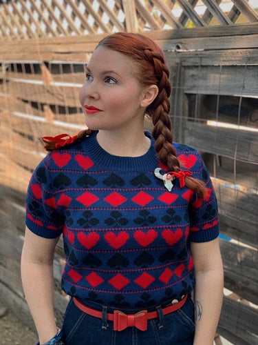 Star Struck Clothing Playing Cards 1940s Repro Sweater Blue with black and red hearts clubs and spades retro vintage 40s pinup style jumper knitwear Canadian Pin-UP Shop Suzie's Bombshell Boutique