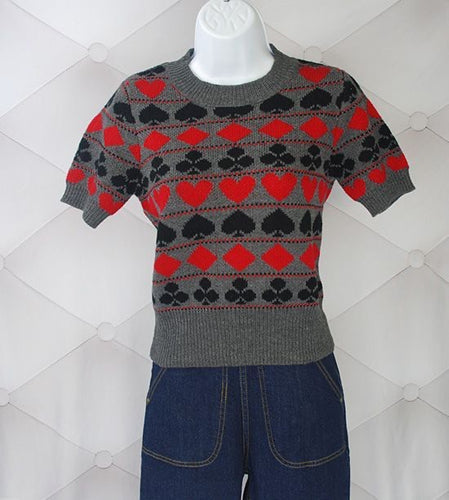 Star Struck Clothing Playing Cards 1940s Repro Sweater Grey with red and black hearts clubs and spades Astro Bettie jumper retro vintage 40s pinup style knitwear Canadian Pin-Up shop Suzie's Bombshell Boutique