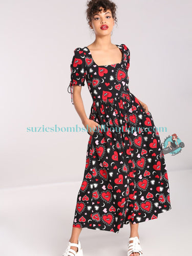 Hell Bunny for Suzie's Bombshell Boutique red black maxi heart dress with all seeing eye motif. pin-up pinup rockabilly retro vintage