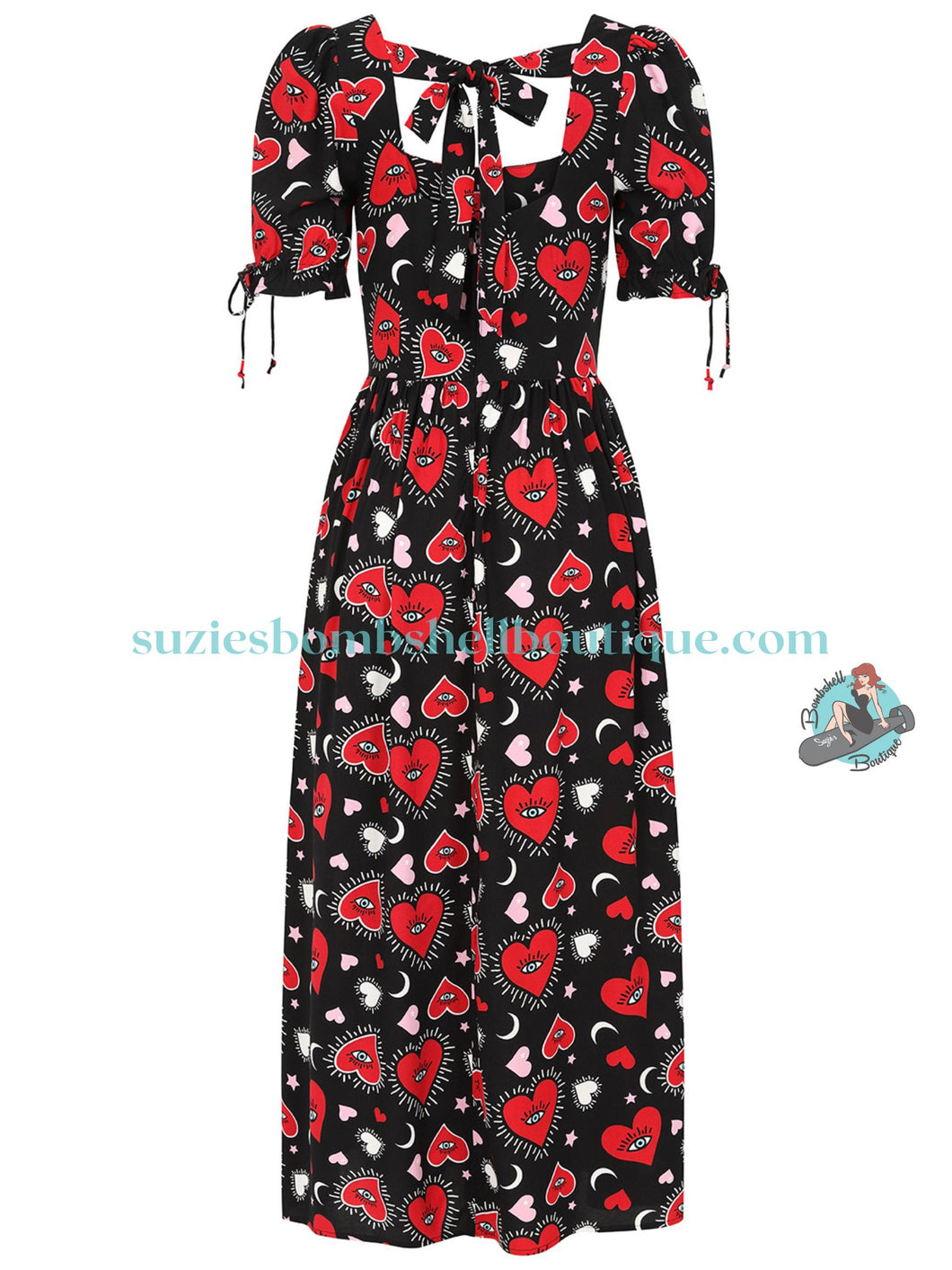 black dress with red hearts Plus Size Halter Bandage Sweetheart, My Whole Heart Mini in Black/Red, Size 3X, For Valentine's Day Red Crystal Heart Dress is the essence of elegance and passiontruly the heart and soul of our brand. Hell Bunny Kate Heart Dress