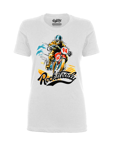 Steady Rocksteady Solo Racer Ladies T-Shirt Steady Canada white womens tee with cafe racer motorcycle graphic in blue yellow and orange retro vintage pinup rockabilly biker altfashion top for women Canadian Pin-Up Shop Suzie's Bombshell Boutique Port Dover